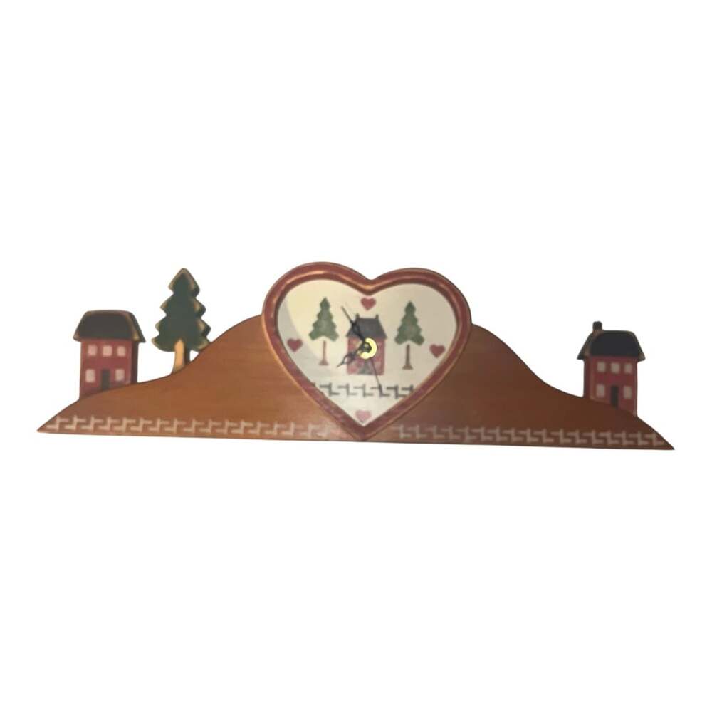 Vintage Hand Crafted Folk Art Wooden Heart Mantel Clock with Village and Tree